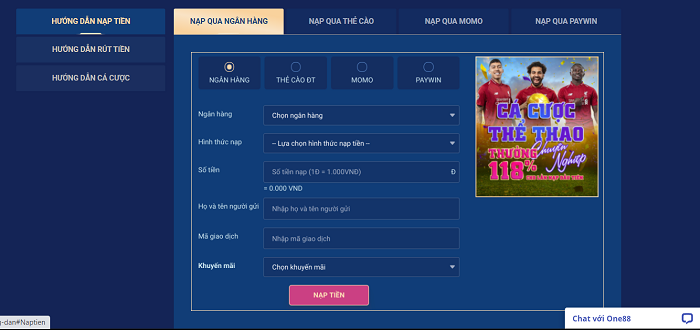 Nạp tiền trên nhà cái One88