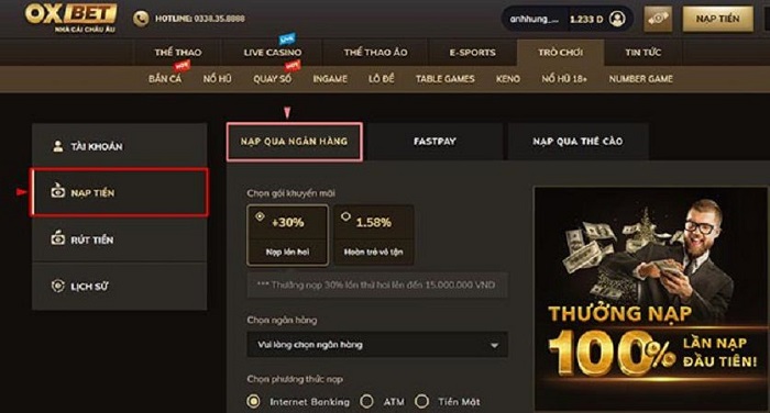 Nạp tiền trên Oxbet đơn giản, dễ thao tác