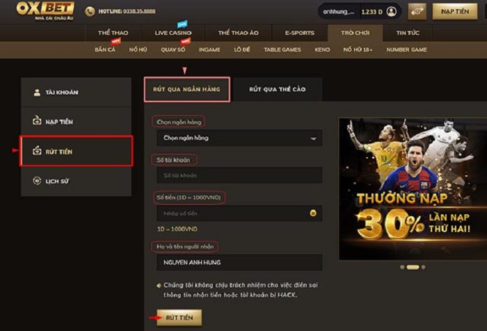 Rút tiền trên Oxbet