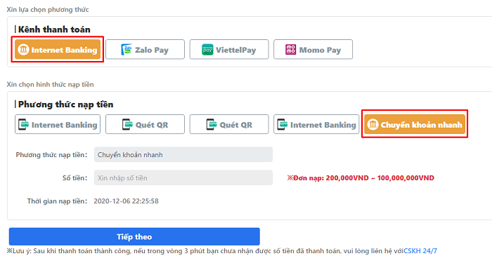 Nạp tiền nhanh chóng với nhiều phương thức
