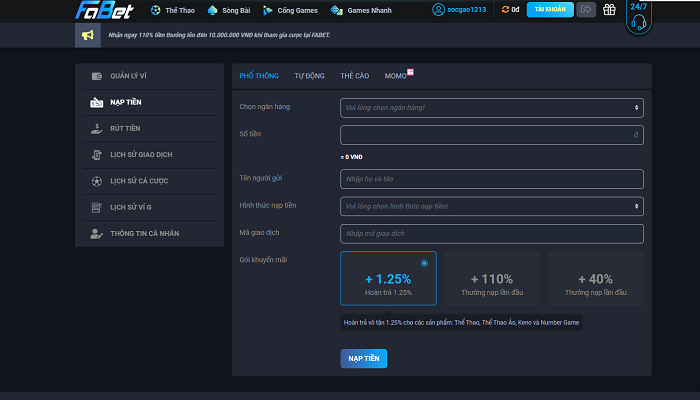 Fabet hỗ trợ nạp tiền với nhiều lựa chọn dành cho khách hàng