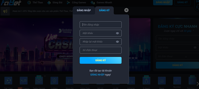 Đăng ký thành viên trên Fabet