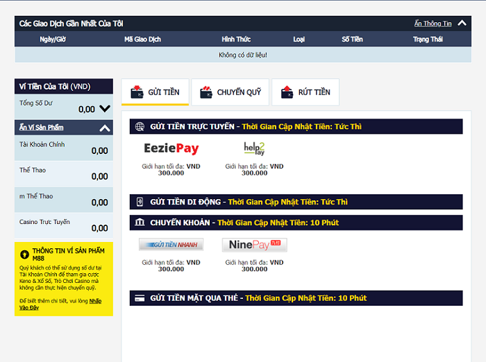 Gửi tiền vào tài khoản cá cược