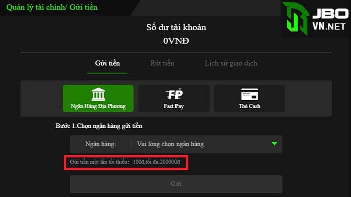 Nạp tiền nhanh chóng với JBO