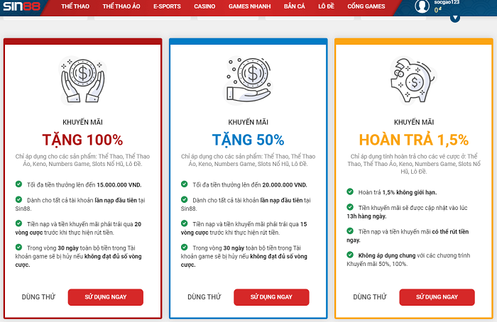 Các chương trình khuyến mãi trên Sin88