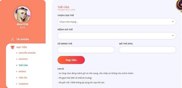 Nạp tiền qua thẻ cào