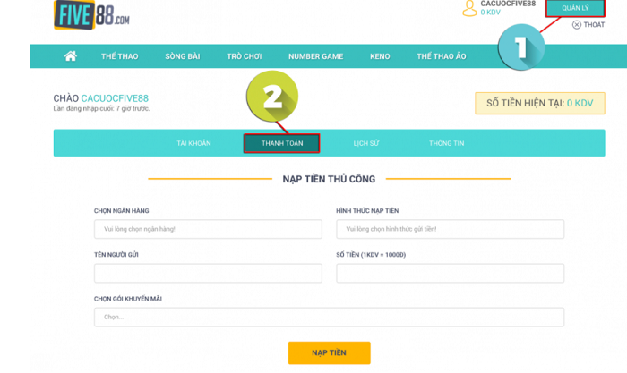 Cách nạp tiền vào tài khoản Five88