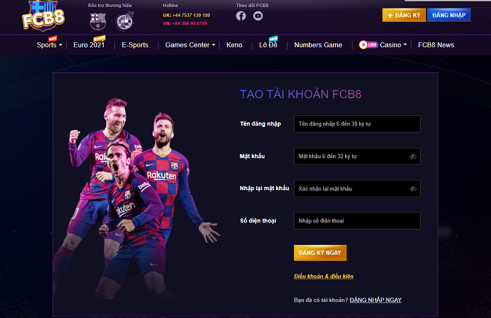Giao diện đăng ký tài khoản Fcb8