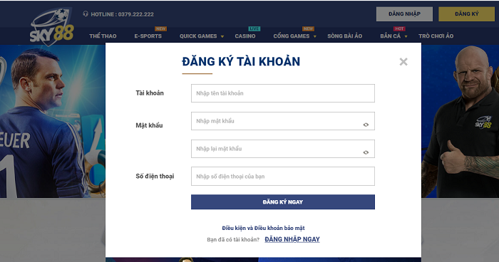 Giao diện đăng ký Sky88