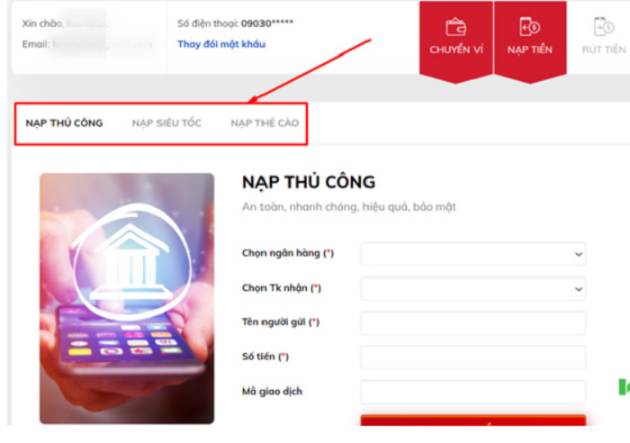 Các phương thức nạp tiền tại Lode88