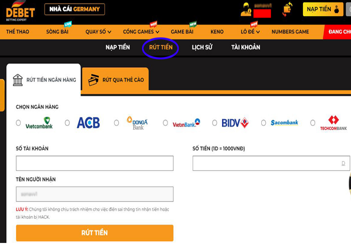 Hướng dẫn rút tiền tại Debet