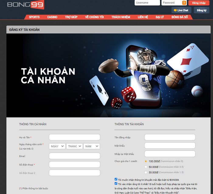 Giao diện đăng ký Bong99
