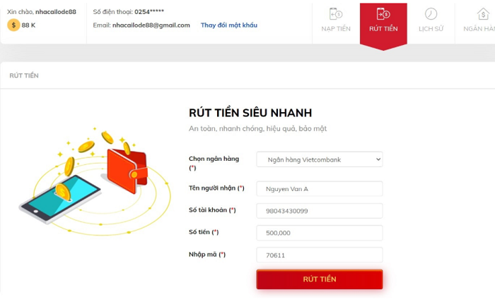 Cách thức rút tiền về tài khoản