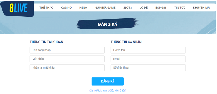 Đăng ký 8Live dễ dàng, nhanh chóng