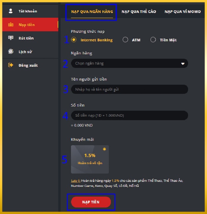 Nạp tiền qua tài khoản ngân hàng