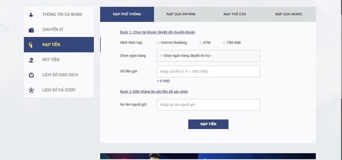 Nạp tiền vào nhà cái Sky88