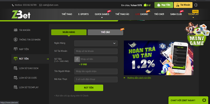 Rút tiền trên Zbet