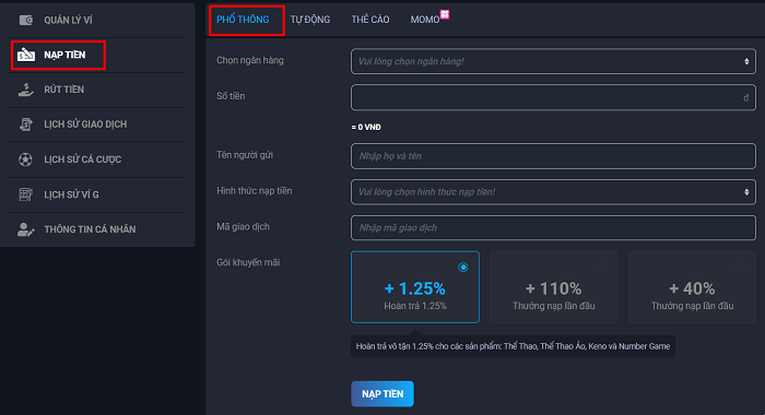 Nhiều cách nạp tiền tại Fabet