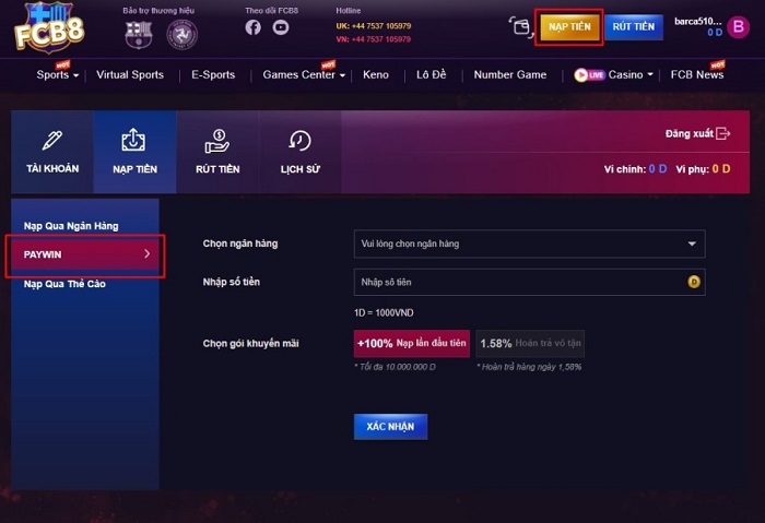 Nạp tiền Fcb8 với nhiều phương thức