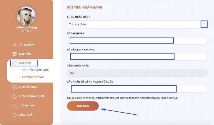 Cách rút tiền về tài khoản