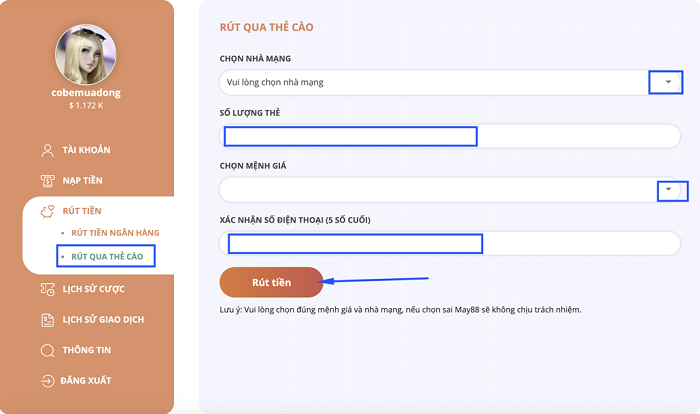 Rút tiền qua thẻ cào