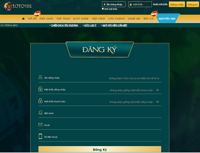 Đăng ký tài khoản cá cược Loto188