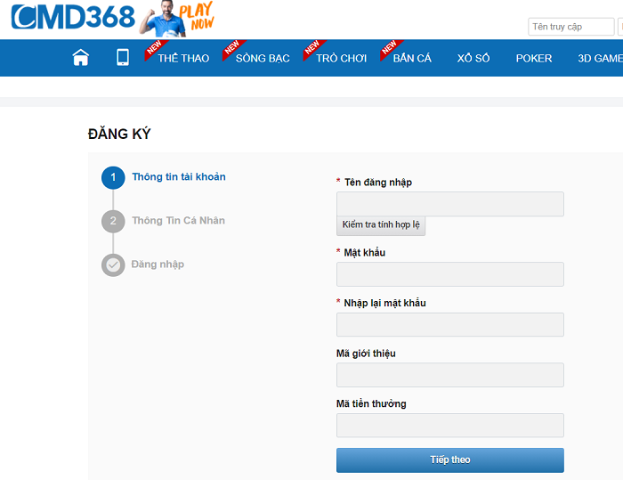 Đăng ký tài khoản cá cược tại CMD368