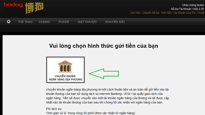 Nạp tiền đơn giản tại Bodog