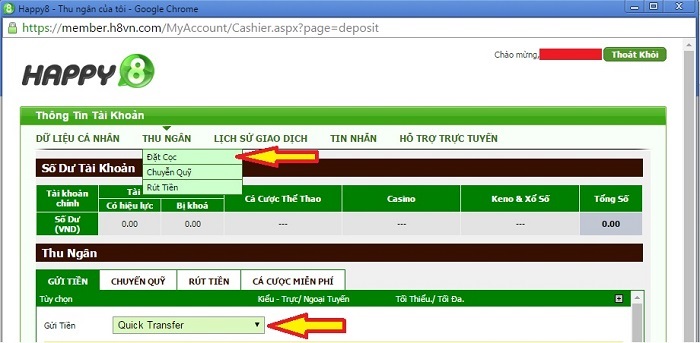 Nạp tiền vào nhà cái Happy8 để tham gia cá cược