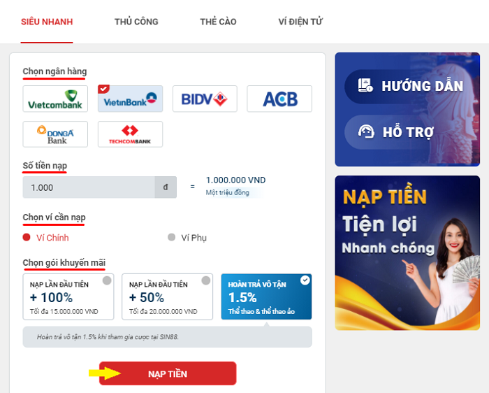 Nạp tiền tại Sin88