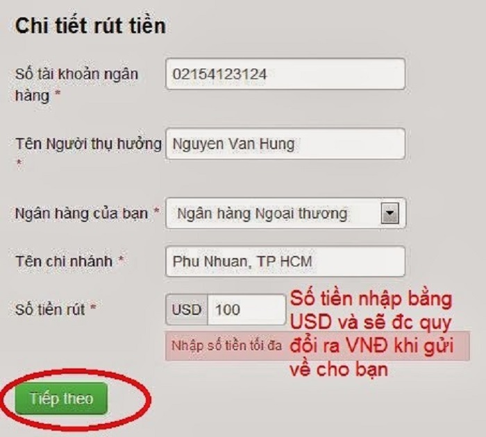 Rút tiền về tài khoản
