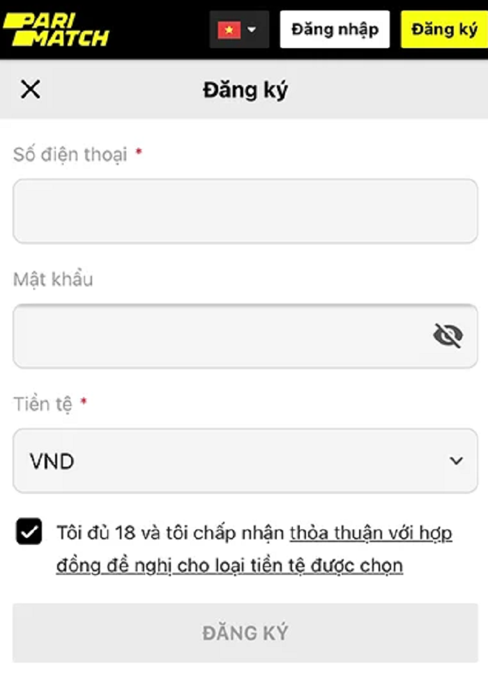 Đăng ký Parimatch trên nền tảng di động