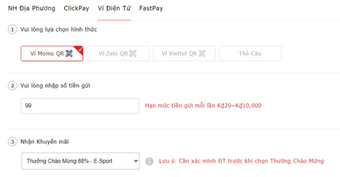 Nạp tiền nhanh bằng ví điện tử